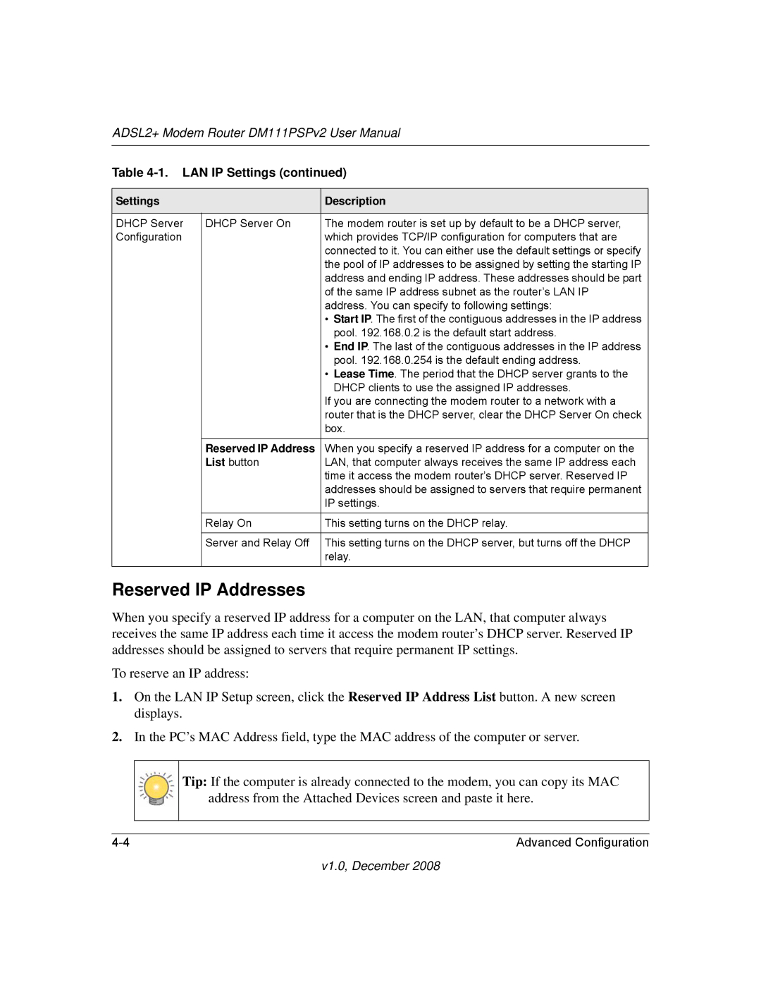 NETGEAR DM111PSPv2 user manual Reserved IP Addresses 