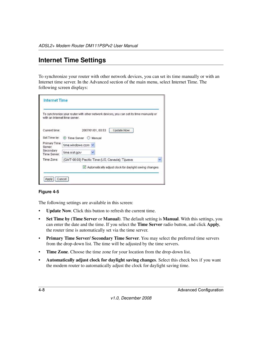 NETGEAR DM111PSPv2 user manual Internet Time Settings 