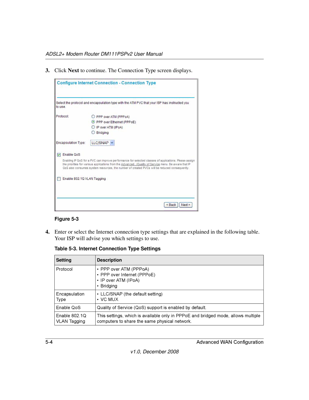 NETGEAR DM111PSPv2 user manual Internet Connection Type Settings, Vc Mux 