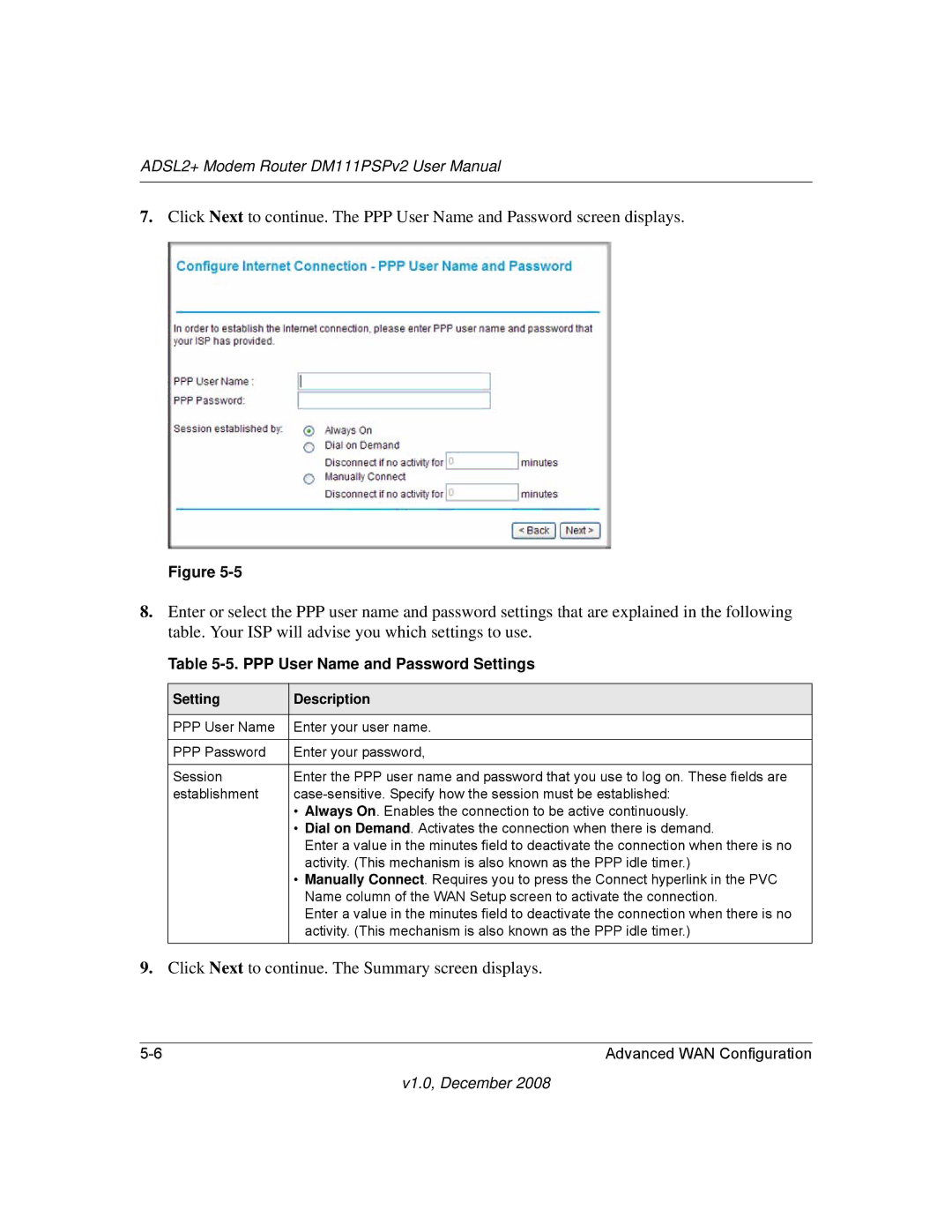 NETGEAR DM111PSPv2 user manual PPP User Name and Password Settings 