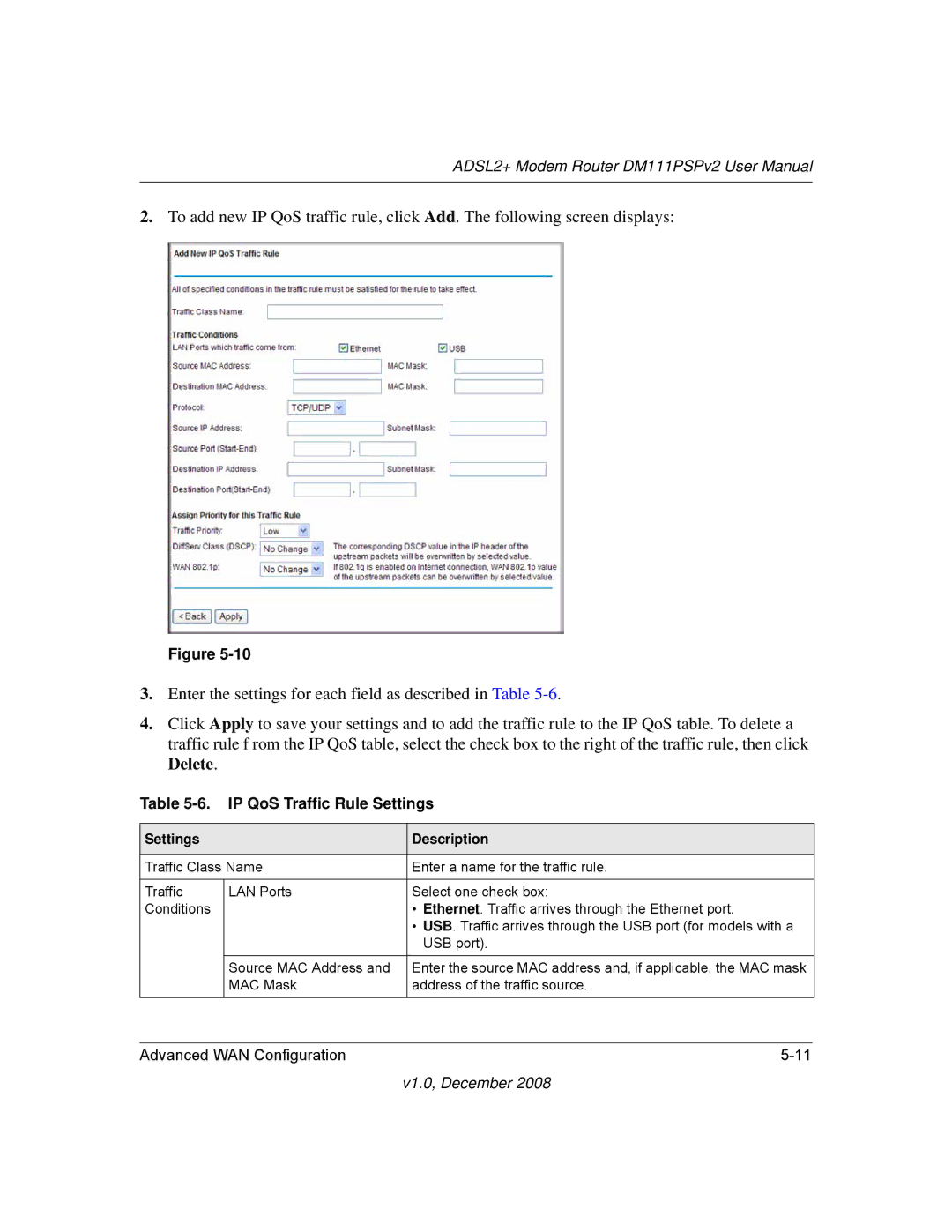 NETGEAR DM111PSPv2 user manual IP QoS Traffic Rule Settings, Settings Description 