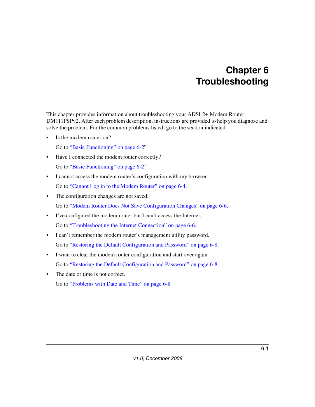 NETGEAR DM111PSPv2 user manual Chapter Troubleshooting, Go to Basic Functioning on 