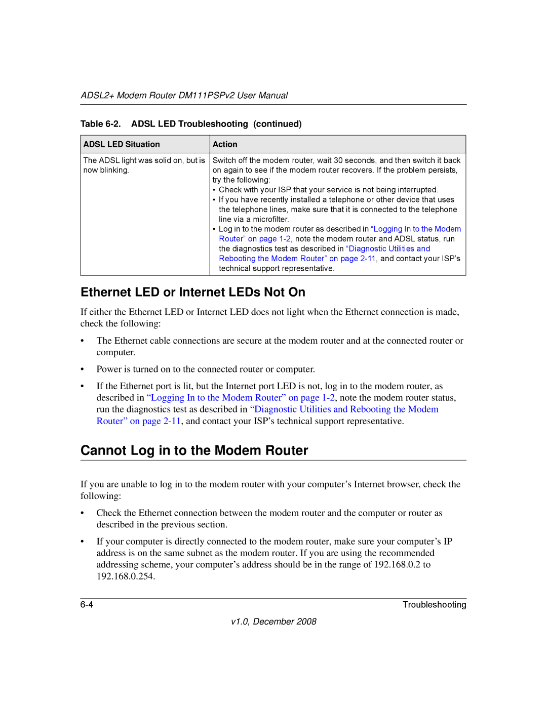 NETGEAR DM111PSPv2 user manual Cannot Log in to the Modem Router, Ethernet LED or Internet LEDs Not On 