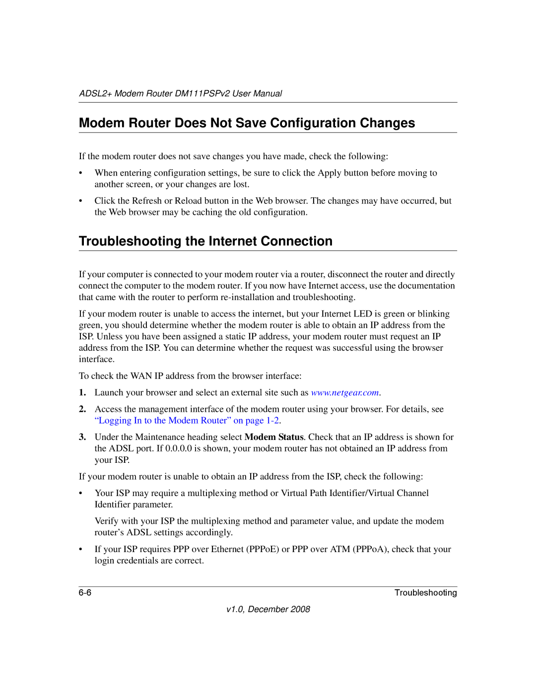 NETGEAR DM111PSPv2 user manual Modem Router Does Not Save Configuration Changes, Troubleshooting the Internet Connection 