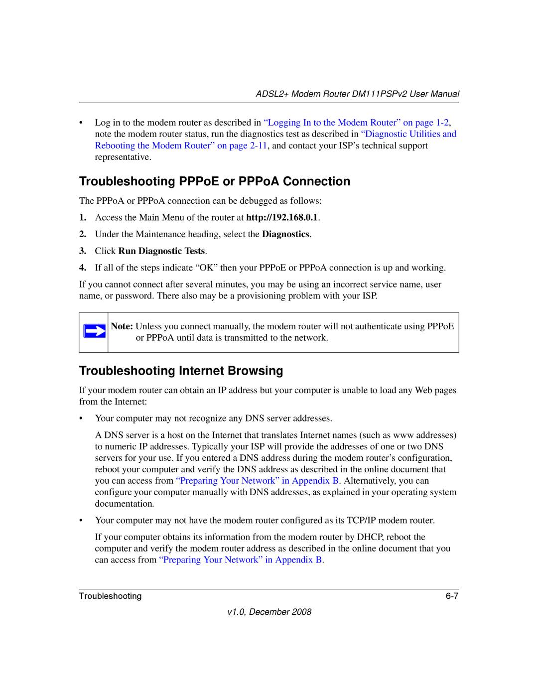 NETGEAR DM111PSPv2 user manual Troubleshooting PPPoE or PPPoA Connection, Troubleshooting Internet Browsing 