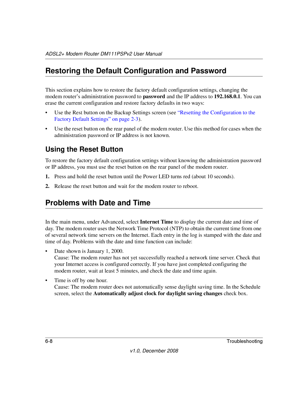 NETGEAR DM111PSPv2 Restoring the Default Configuration and Password, Problems with Date and Time, Using the Reset Button 