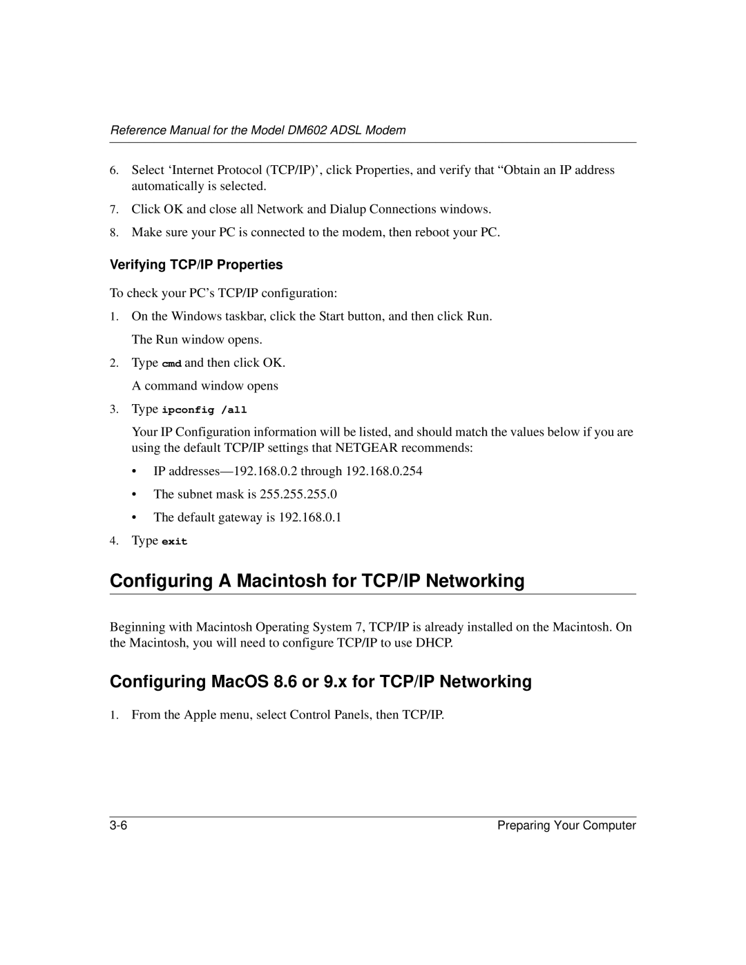 NETGEAR DM602 manual Configuring a Macintosh for TCP/IP Networking, Configuring MacOS 8.6 or 9.x for TCP/IP Networking 