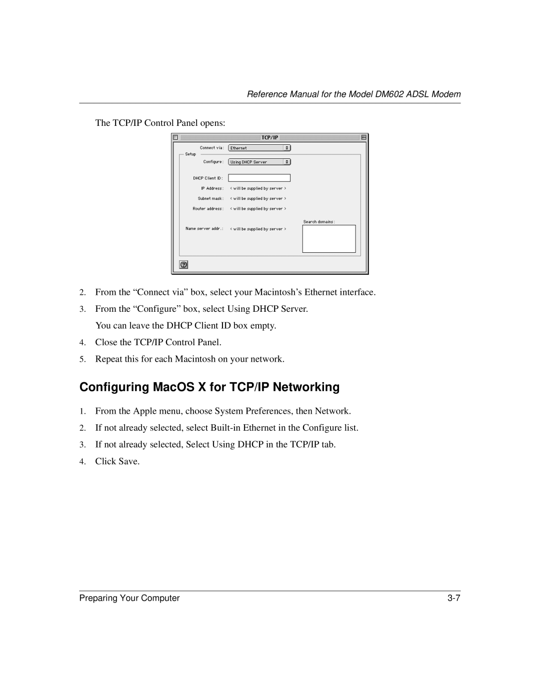 NETGEAR DM602 manual Configuring MacOS X for TCP/IP Networking 