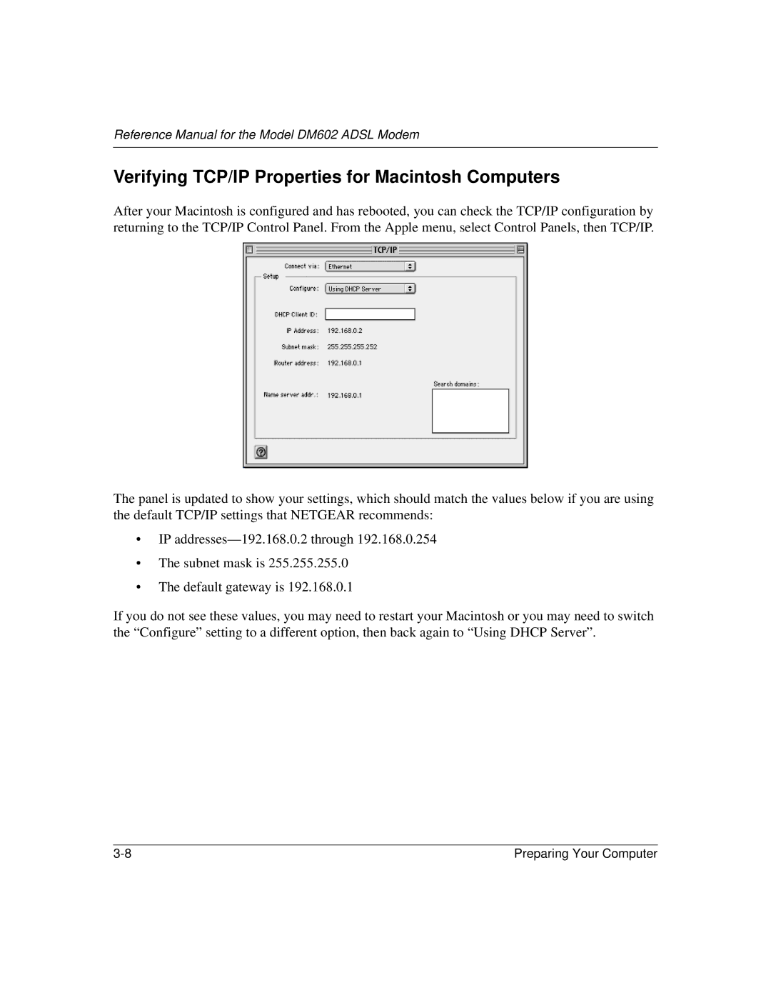 NETGEAR DM602 manual Verifying TCP/IP Properties for Macintosh Computers 