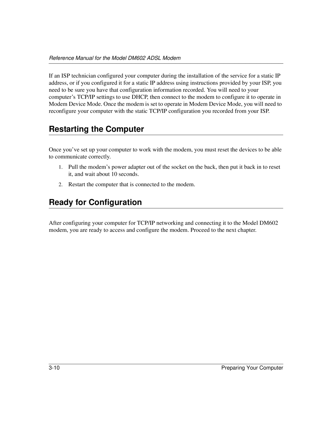 NETGEAR DM602 manual Restarting the Computer, Ready for Configuration 