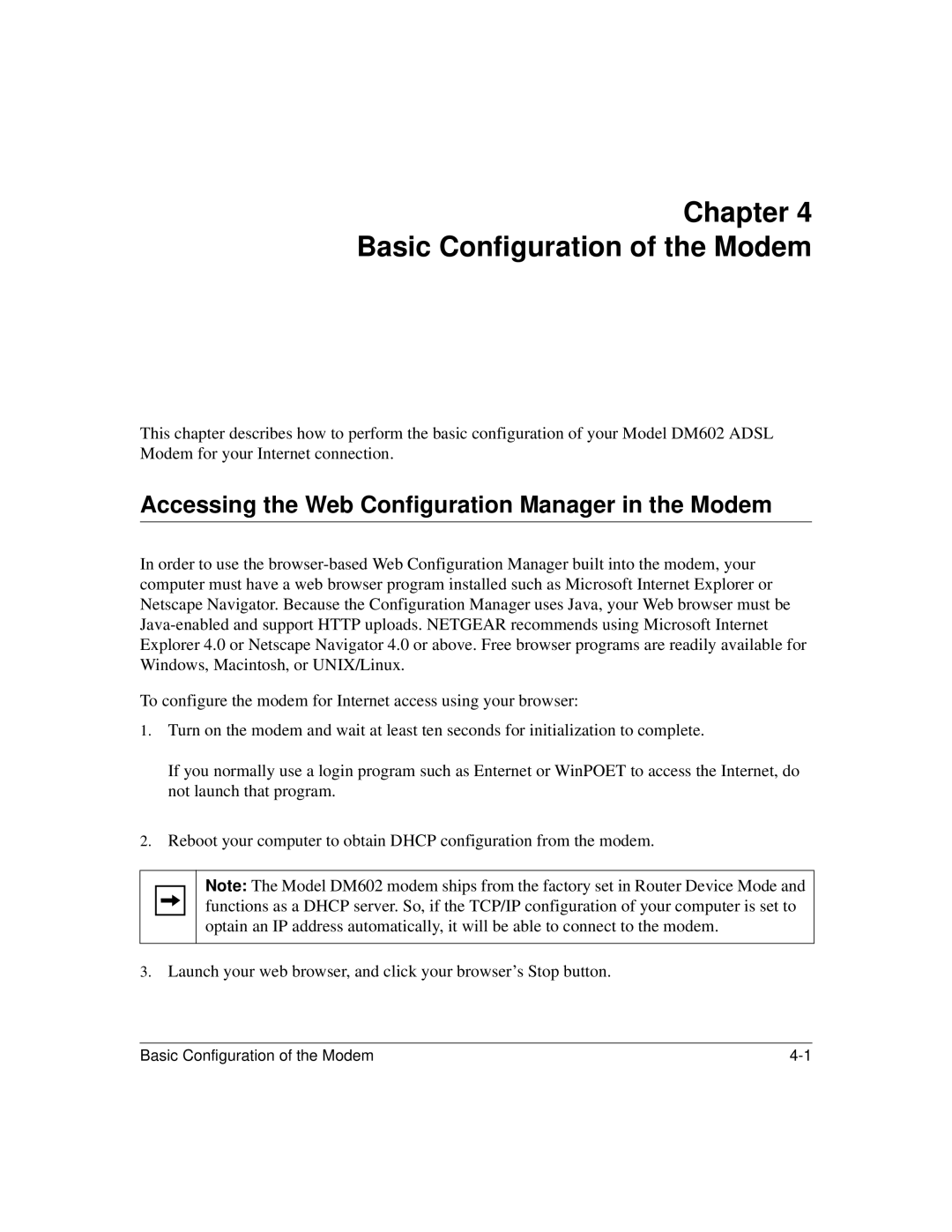 NETGEAR DM602 manual Chapter Basic Configuration of the Modem, Accessing the Web Configuration Manager in the Modem 