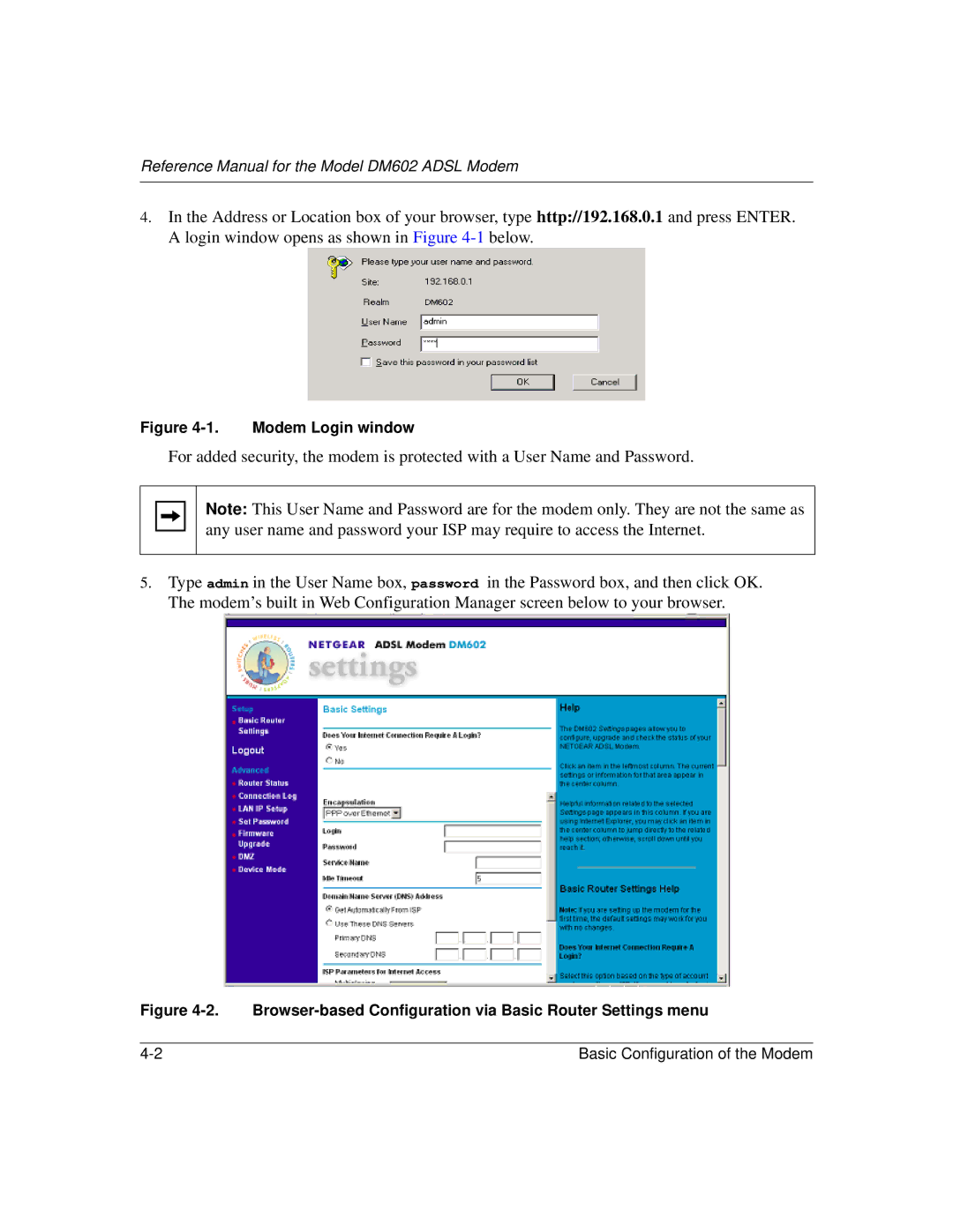 NETGEAR DM602 manual Modem Login window 