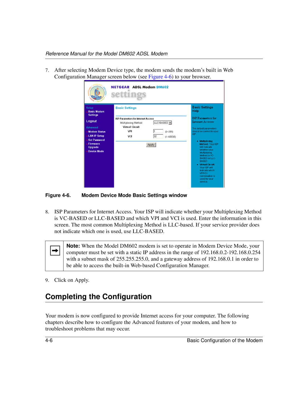 NETGEAR DM602 manual Completing the Configuration, Modem Device Mode Basic Settings window 