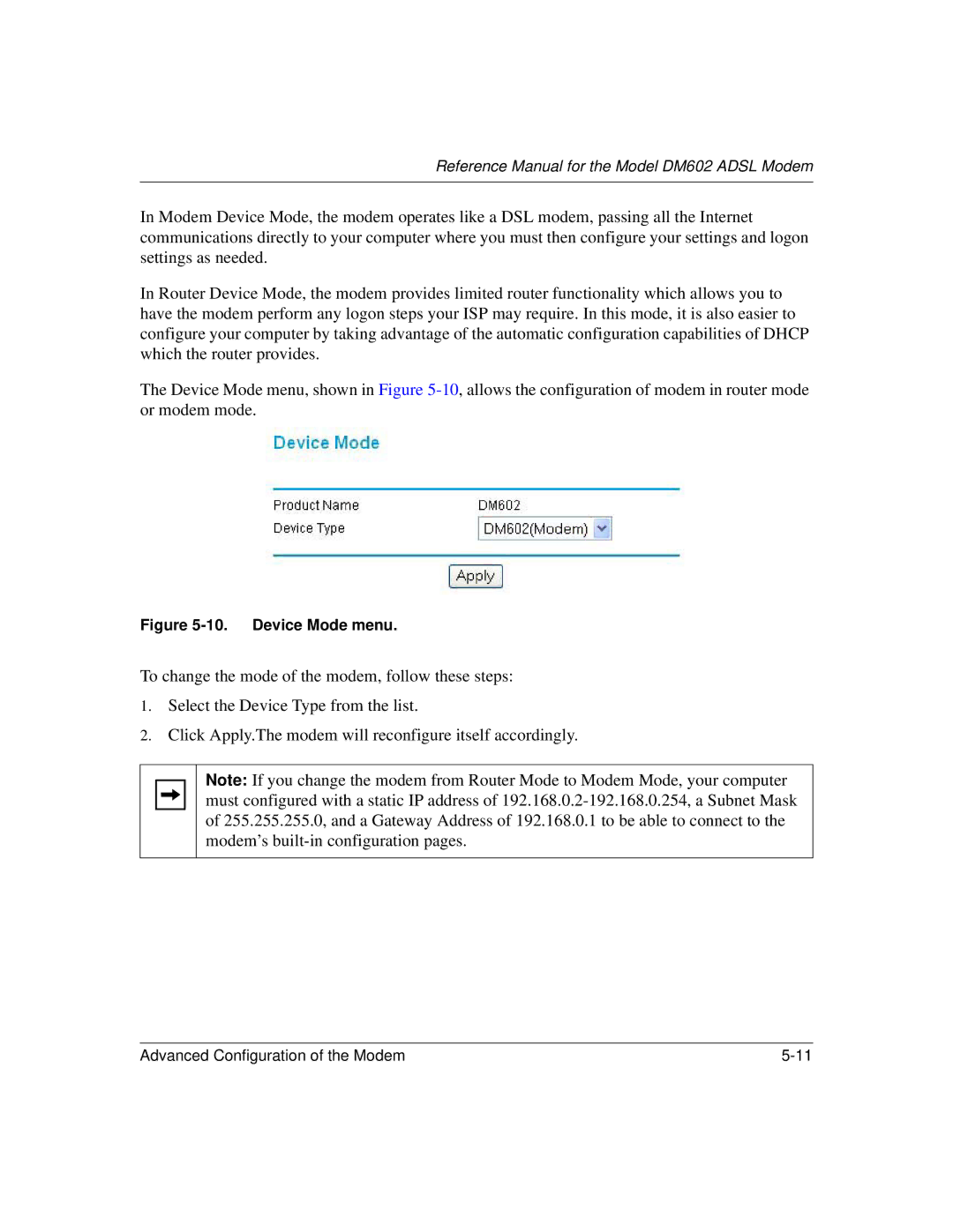 NETGEAR DM602 manual Device Mode menu 