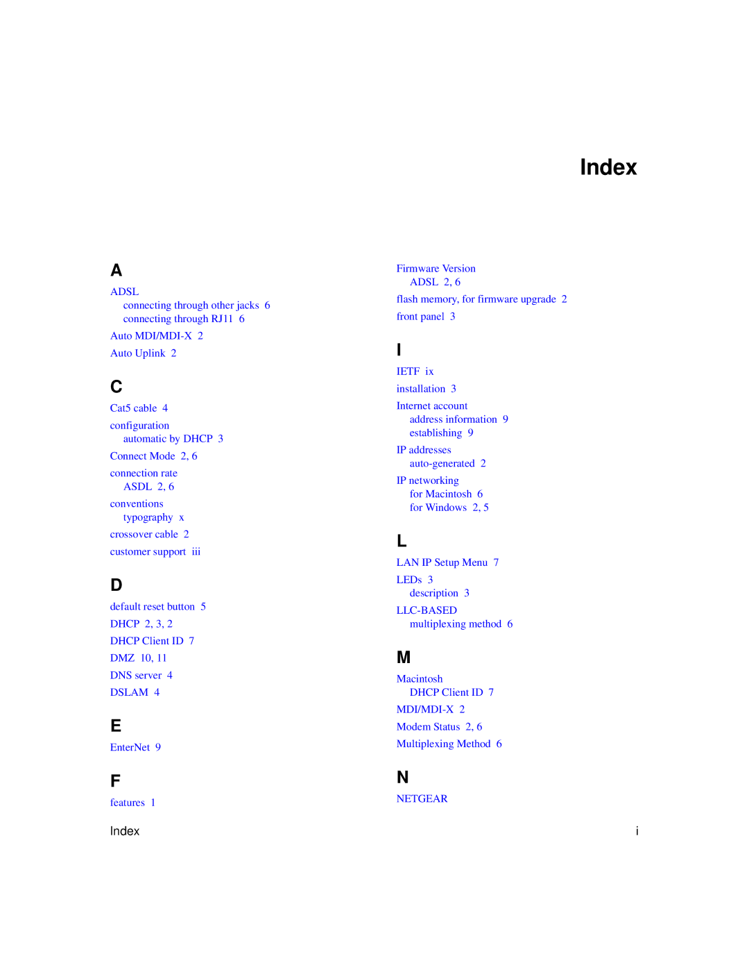 NETGEAR DM602 manual Index, Adsl 