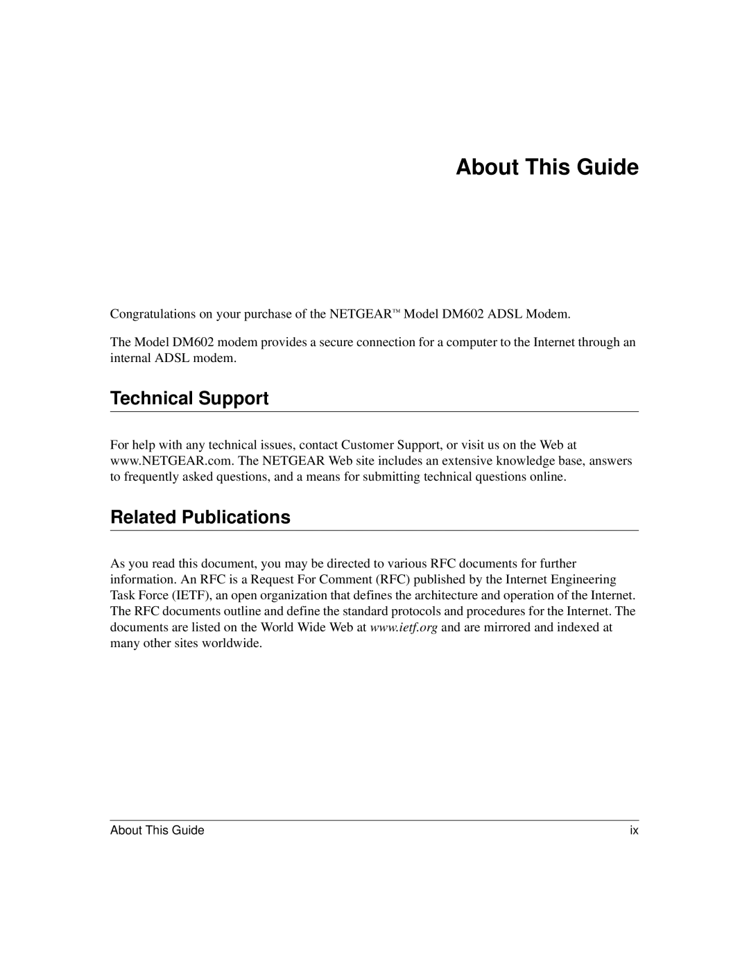 NETGEAR DM602 manual About This Guide, Technical Support Related Publications 