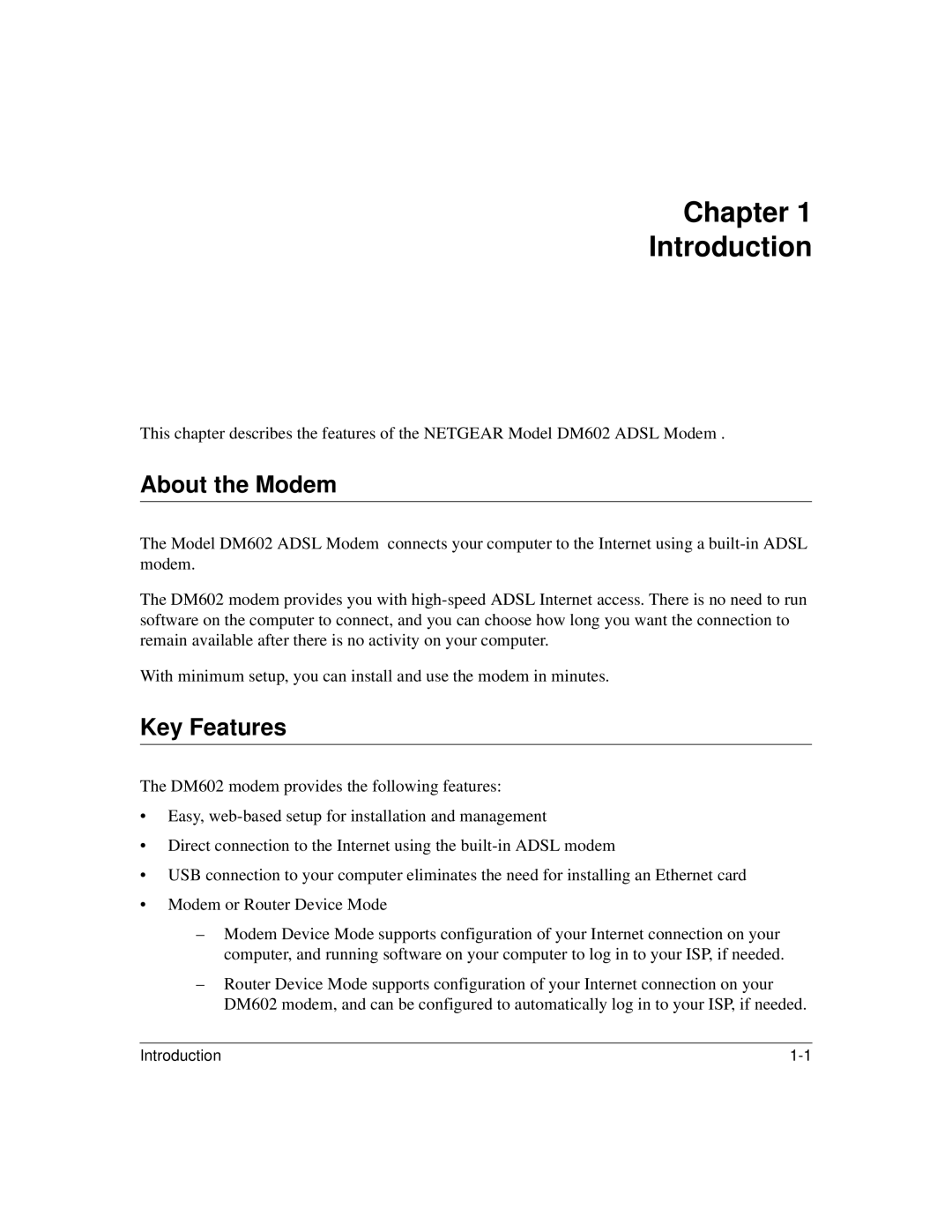 NETGEAR DM602 manual Chapter Introduction, About the Modem, Key Features 