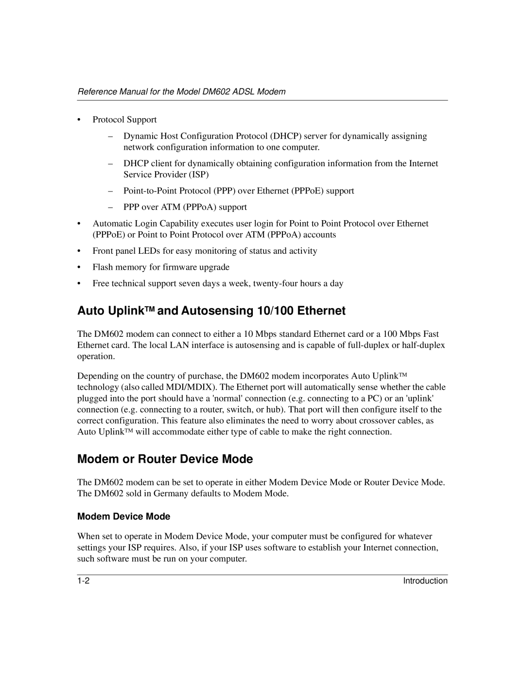 NETGEAR DM602 manual Auto UplinkTM and Autosensing 10/100 Ethernet, Modem or Router Device Mode, Modem Device Mode 