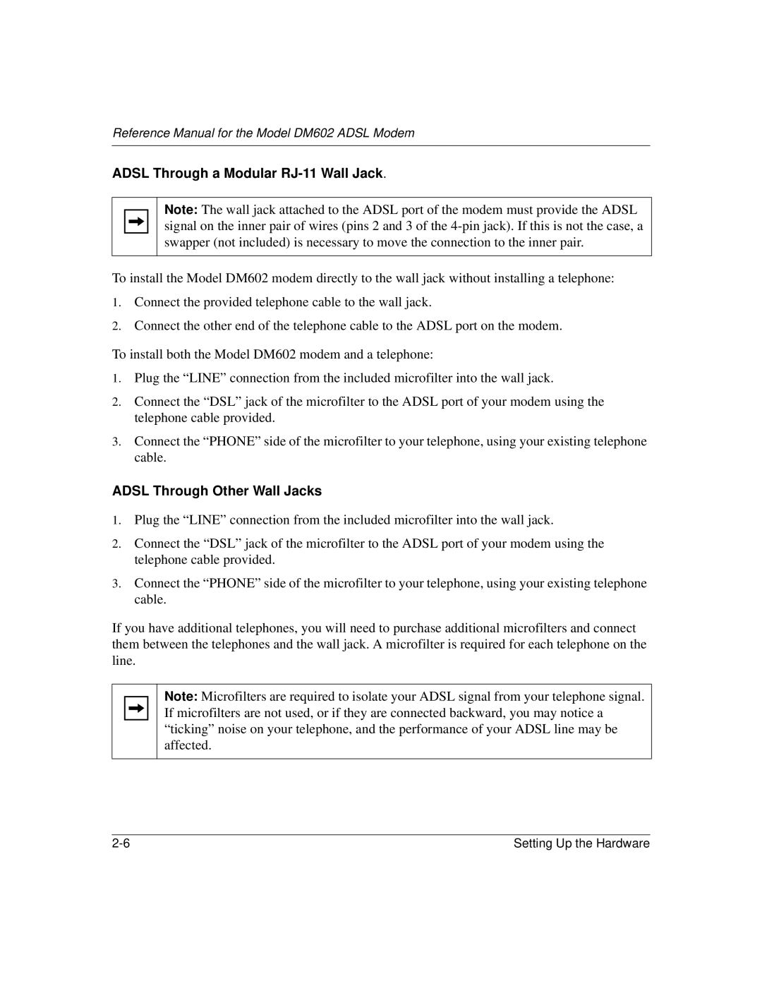 NETGEAR DM602 manual Adsl Through a Modular RJ-11 Wall Jack, Adsl Through Other Wall Jacks 