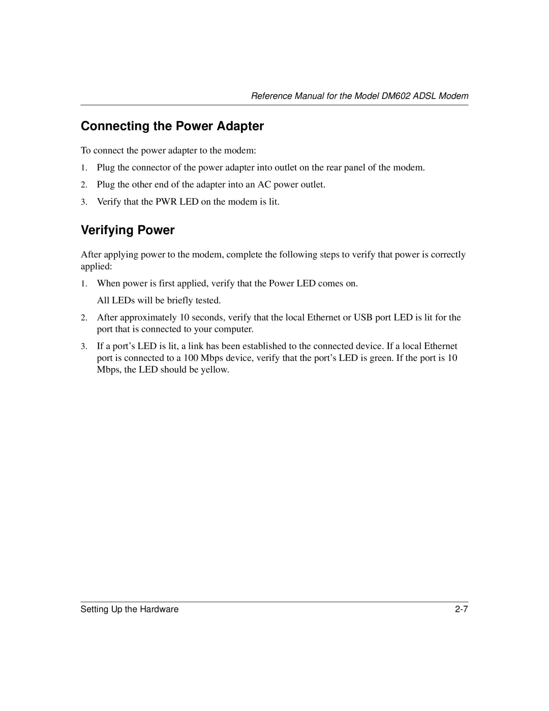 NETGEAR DM602 manual Connecting the Power Adapter, Verifying Power 