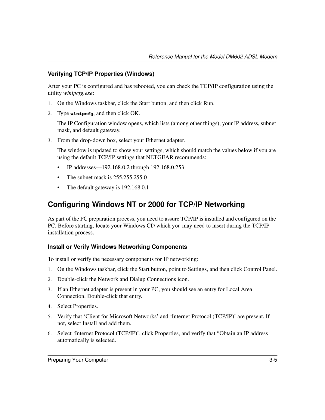 NETGEAR DM602 manual Configuring Windows NT or 2000 for TCP/IP Networking, Verifying TCP/IP Properties Windows 