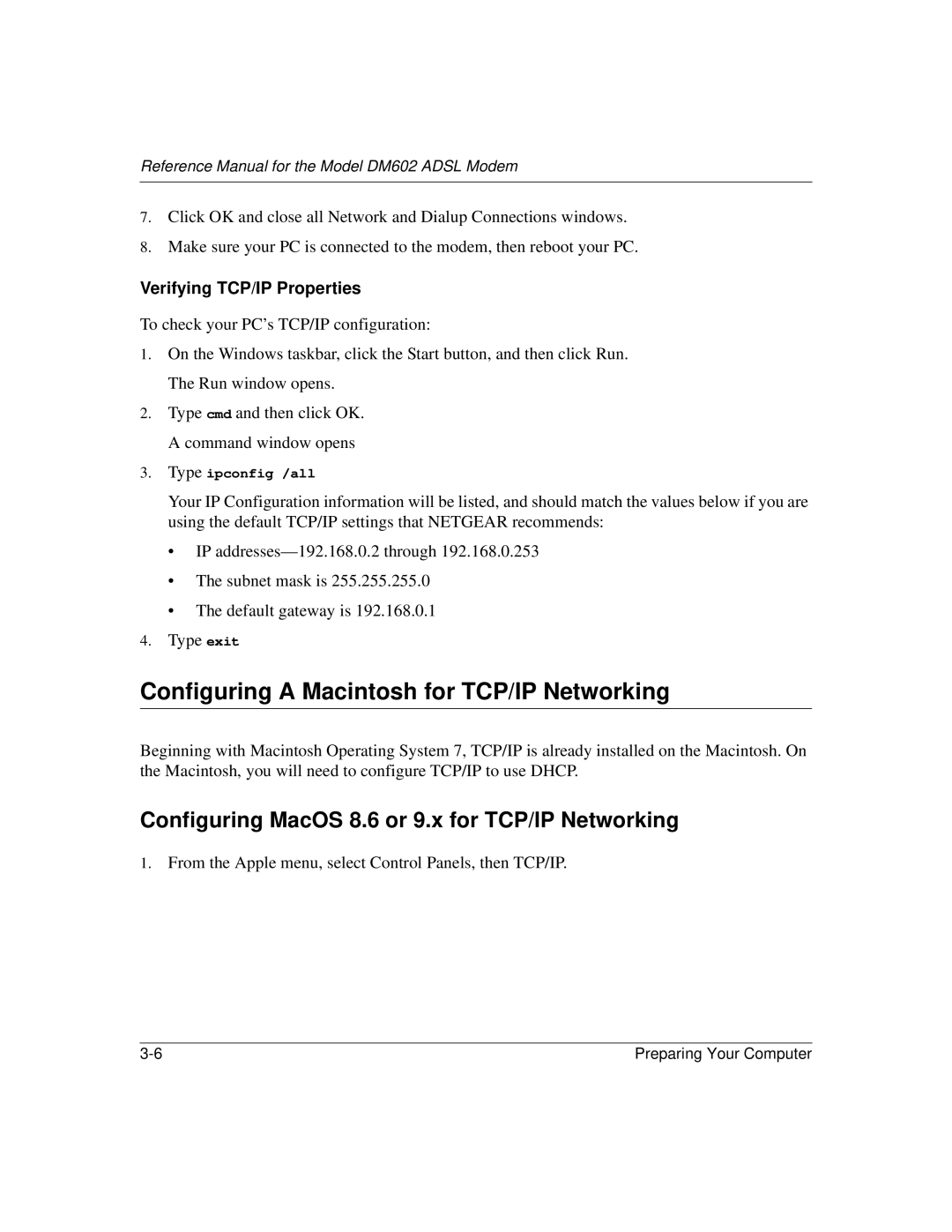 NETGEAR DM602 manual Configuring a Macintosh for TCP/IP Networking, Configuring MacOS 8.6 or 9.x for TCP/IP Networking 