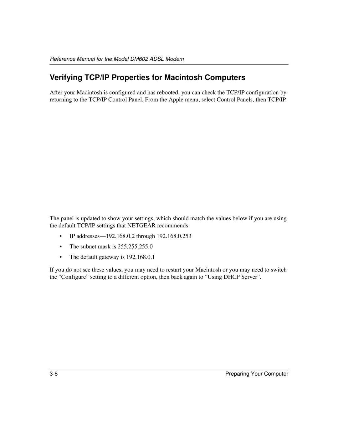 NETGEAR DM602 manual Verifying TCP/IP Properties for Macintosh Computers 