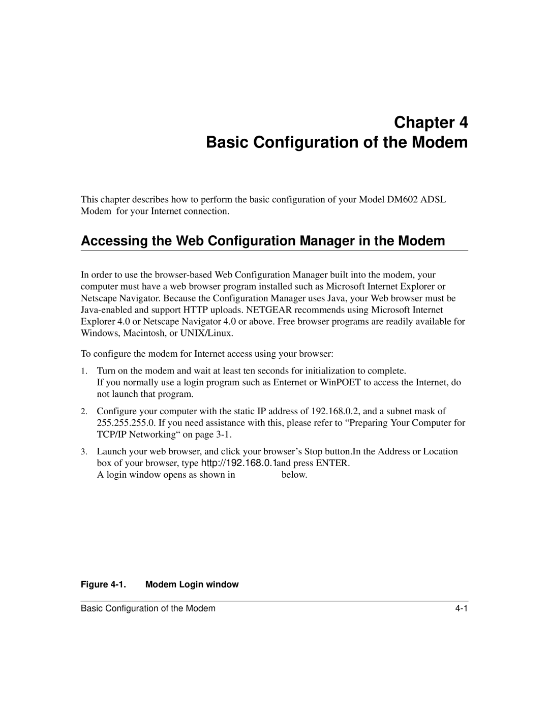 NETGEAR DM602 manual Chapter Basic Configuration of the Modem, Accessing the Web Configuration Manager in the Modem 