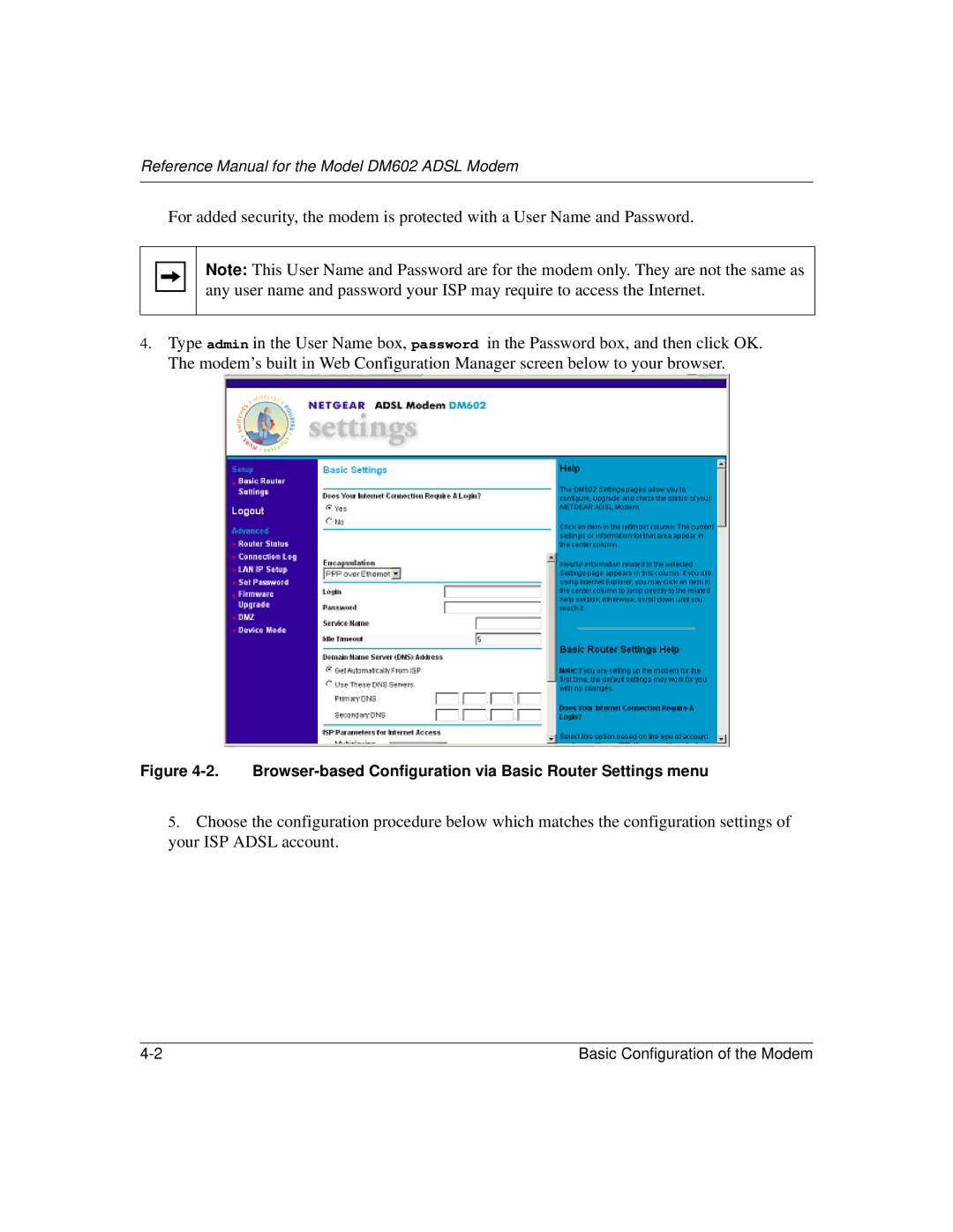 NETGEAR DM602 manual Browser-based Configuration via Basic Router Settings menu 