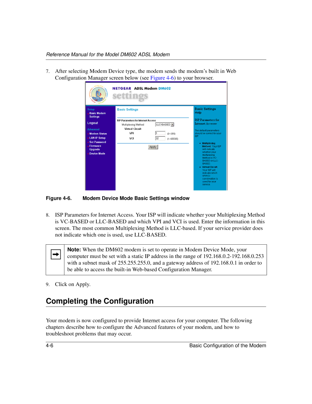 NETGEAR DM602 manual Completing the Configuration, Modem Device Mode Basic Settings window 