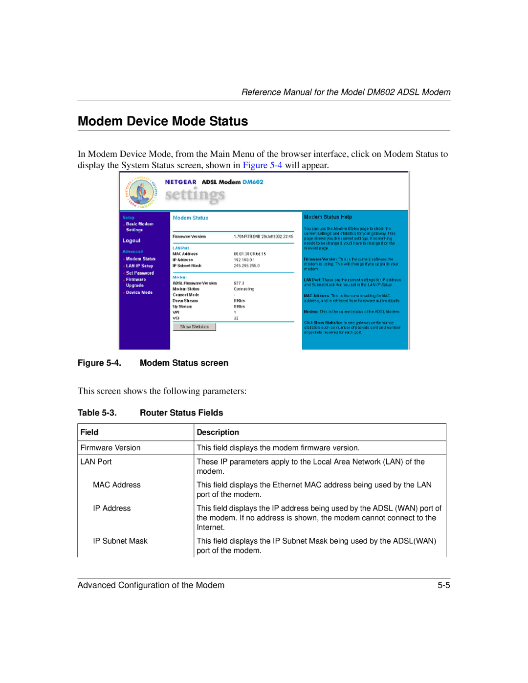 NETGEAR DM602 manual Modem Device Mode Status, Modem Status screen 