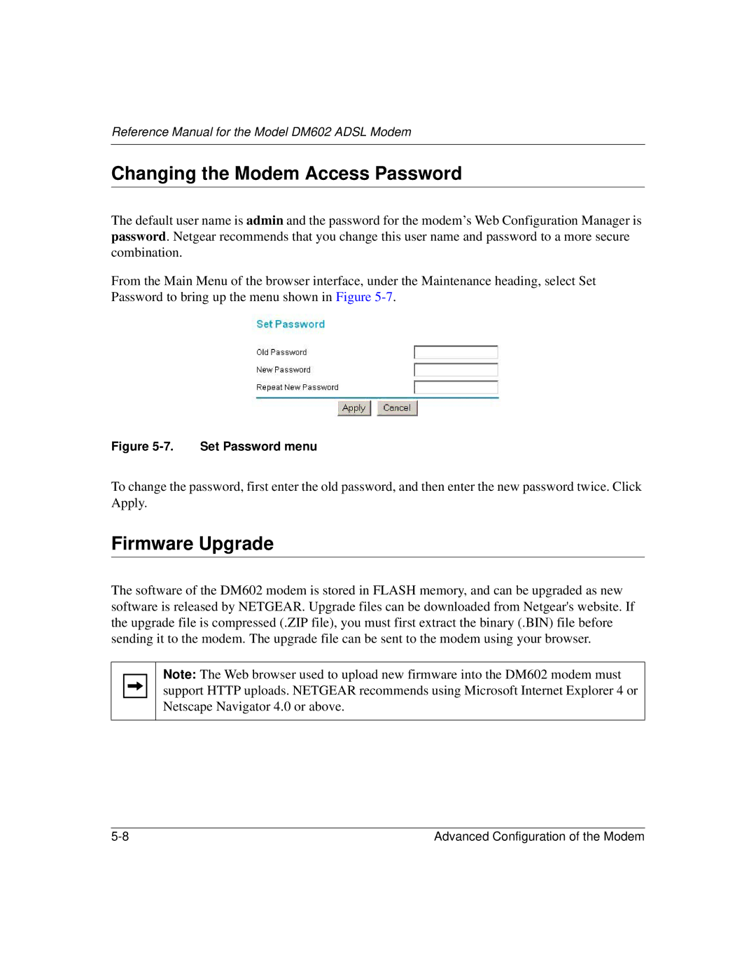 NETGEAR DM602 manual Changing the Modem Access Password, Firmware Upgrade 