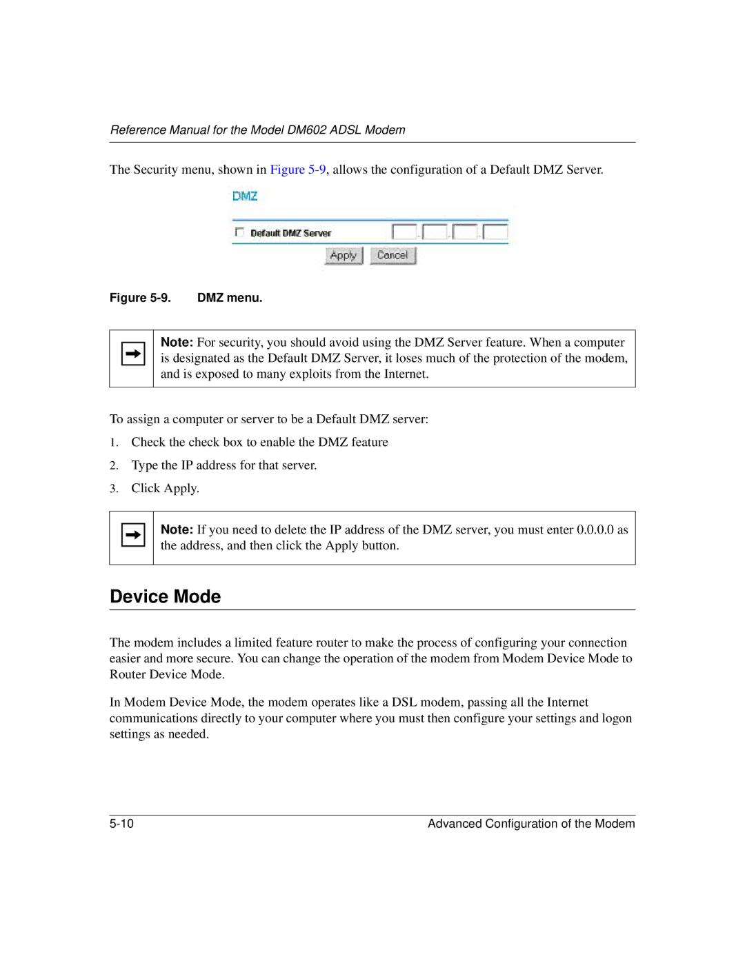 NETGEAR DM602 manual Device Mode, DMZ menu 