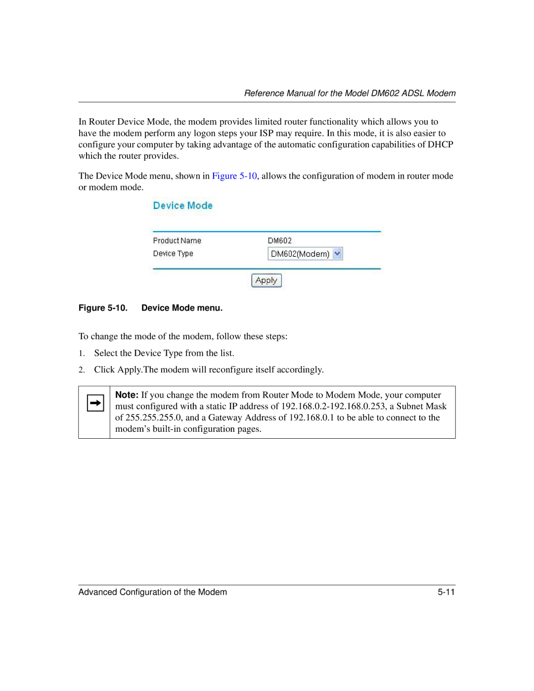 NETGEAR DM602 manual Device Mode menu 