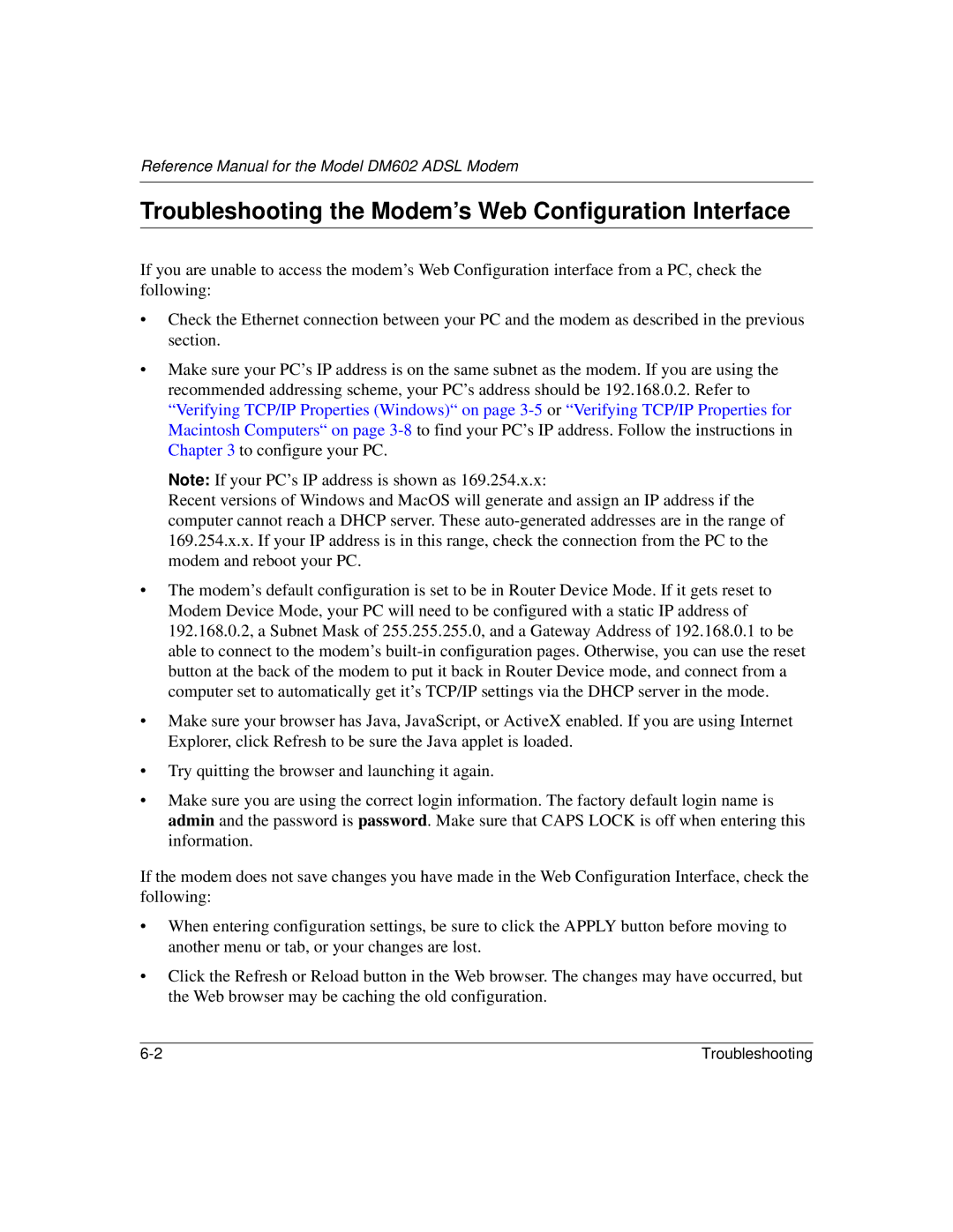 NETGEAR DM602 manual Troubleshooting the Modem’s Web Configuration Interface 