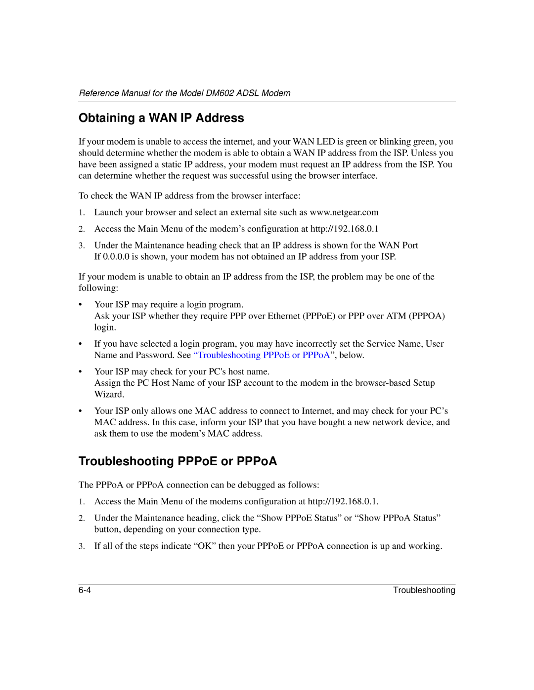 NETGEAR DM602 manual Obtaining a WAN IP Address, Troubleshooting PPPoE or PPPoA 