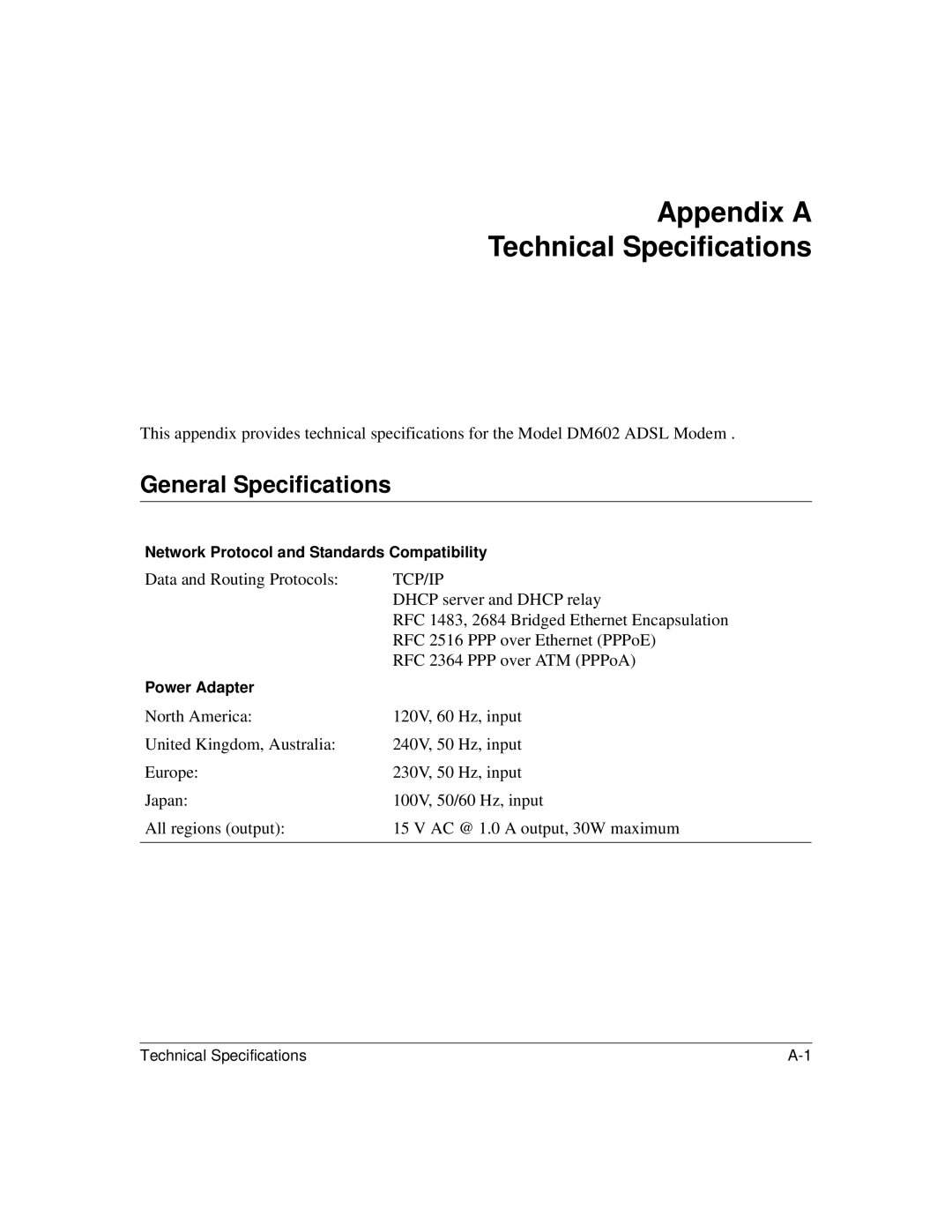 NETGEAR DM602 manual Appendix a Technical Specifications, General Specifications 