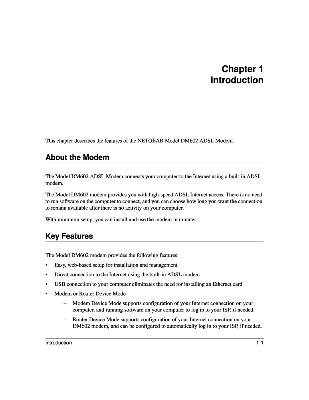NETGEAR DM602 manual Chapter Introduction, About the Modem, Key Features 