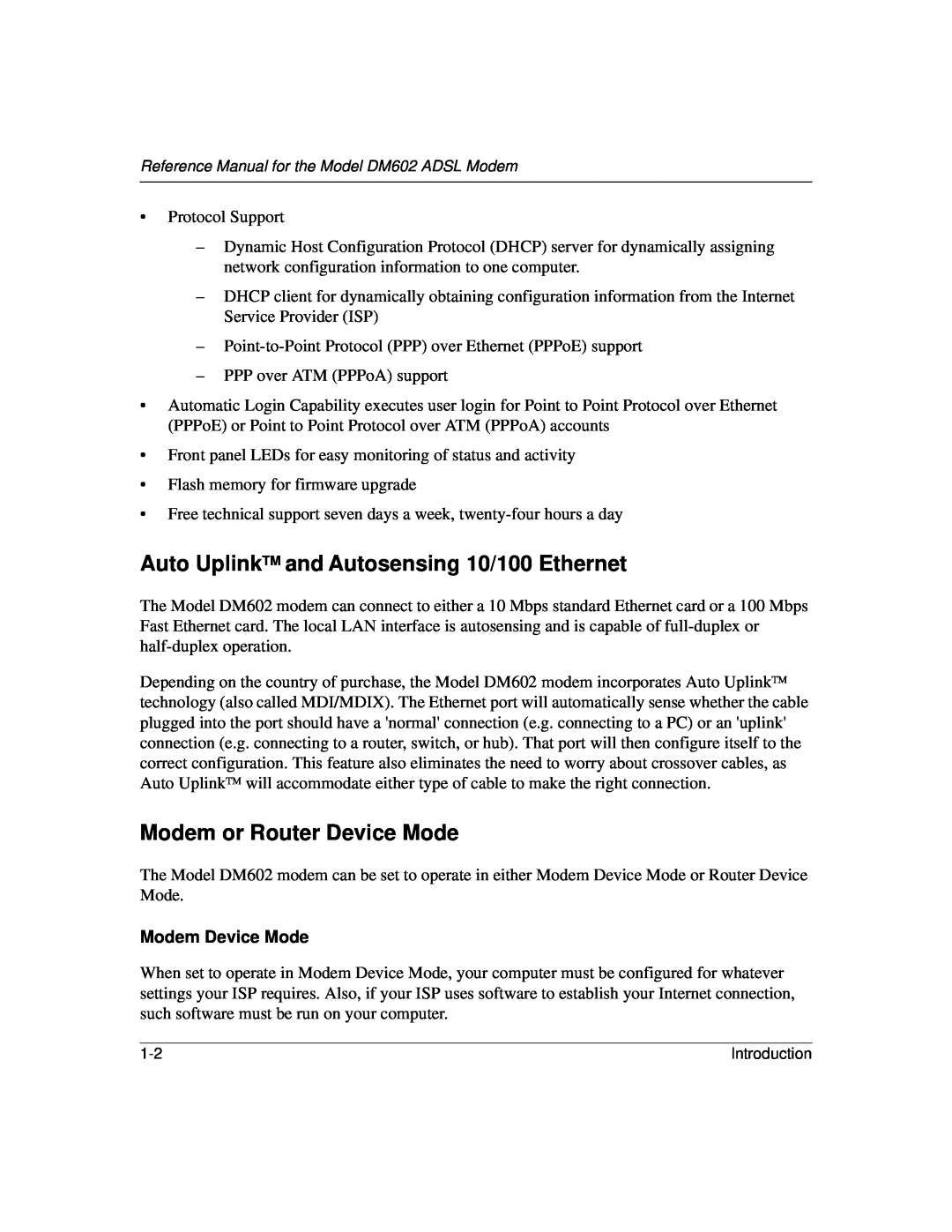 NETGEAR DM602 manual Auto UplinkTM and Autosensing 10/100 Ethernet, Modem or Router Device Mode, Modem Device Mode 