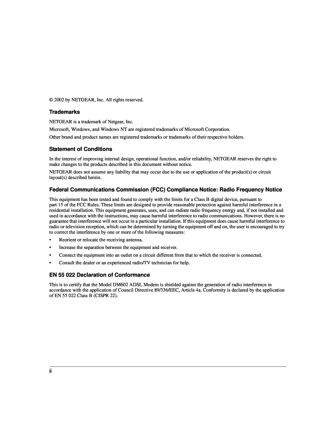 NETGEAR DM602 manual Trademarks, Statement of Conditions, EN 55 022 Declaration of Conformance 