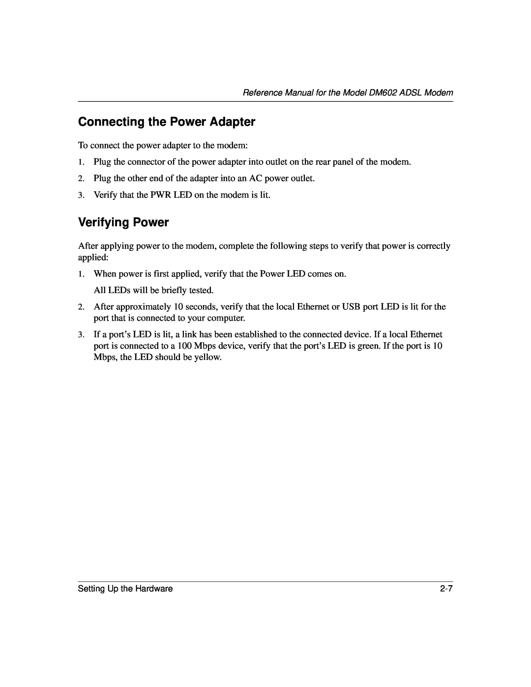NETGEAR DM602 manual Connecting the Power Adapter, Verifying Power 