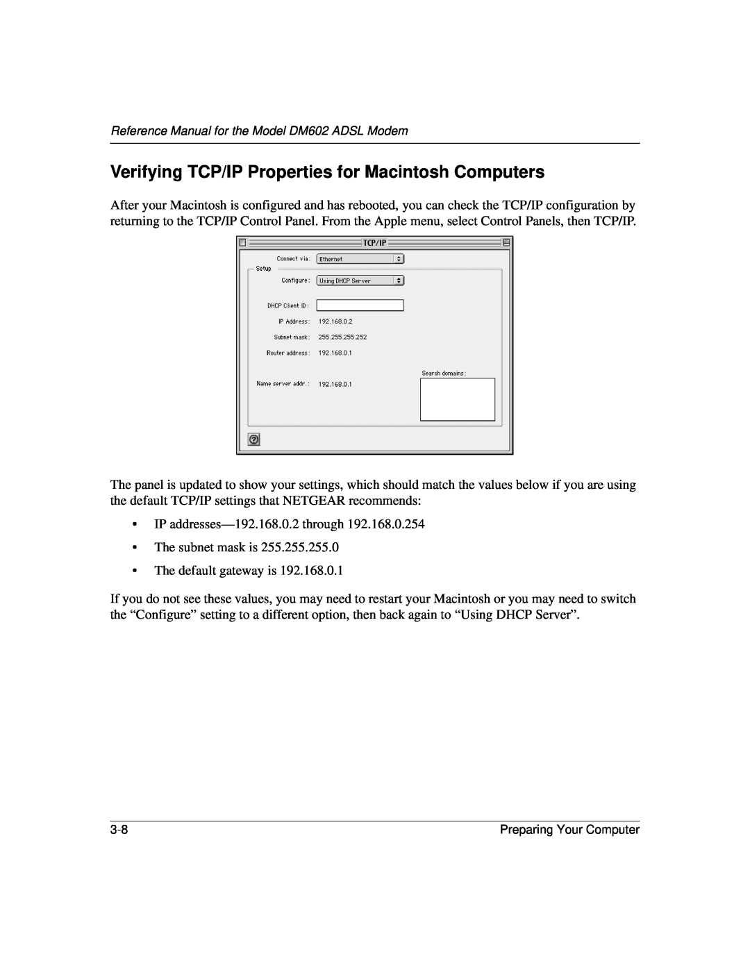 NETGEAR DM602 manual Verifying TCP/IP Properties for Macintosh Computers 