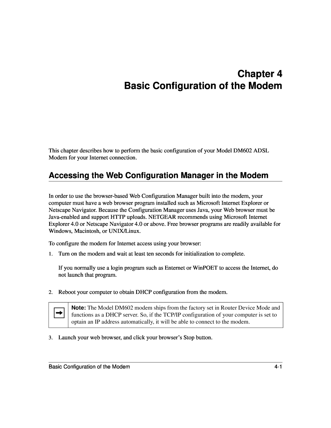 NETGEAR DM602 manual Chapter Basic Configuration of the Modem, Accessing the Web Configuration Manager in the Modem 