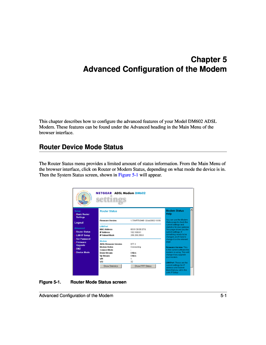 NETGEAR DM602 manual Advanced Configuration of the Modem, Router Device Mode Status 