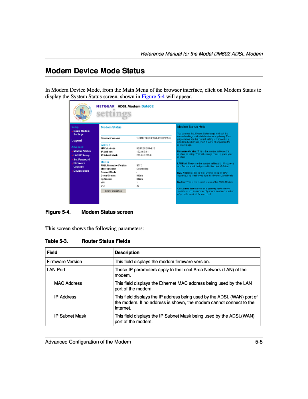 NETGEAR manual Modem Device Mode Status, Reference Manual for the Model DM602 ADSL Modem, 4. Modem Status screen 