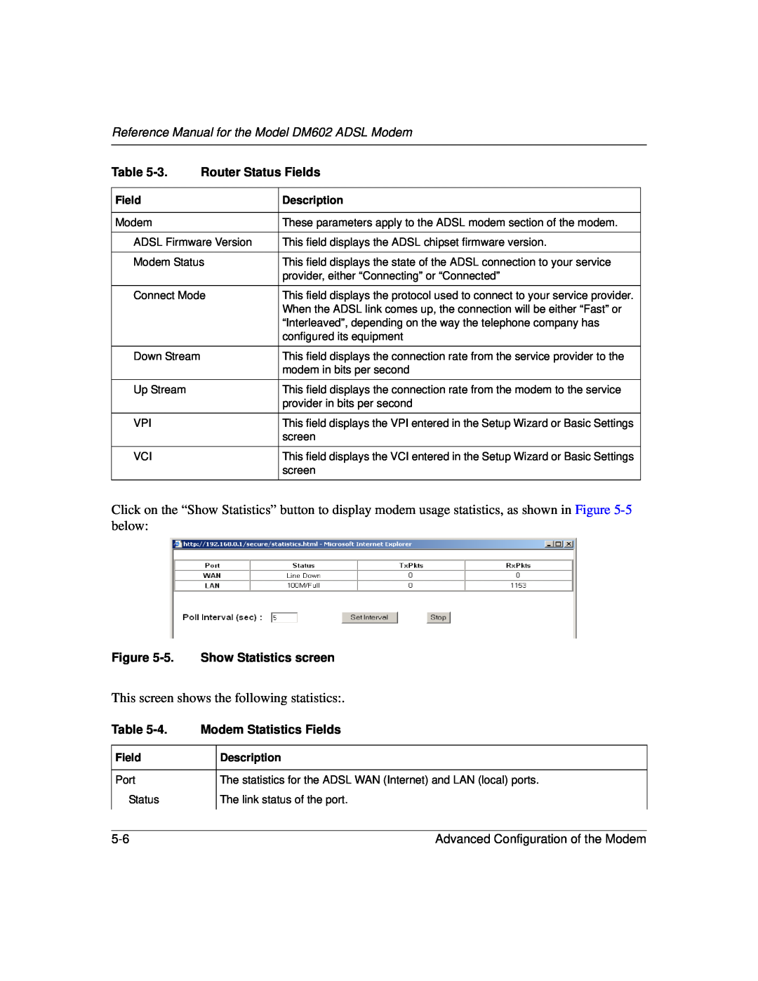 NETGEAR manual Reference Manual for the Model DM602 ADSL Modem, Router Status Fields, 5. Show Statistics screen 