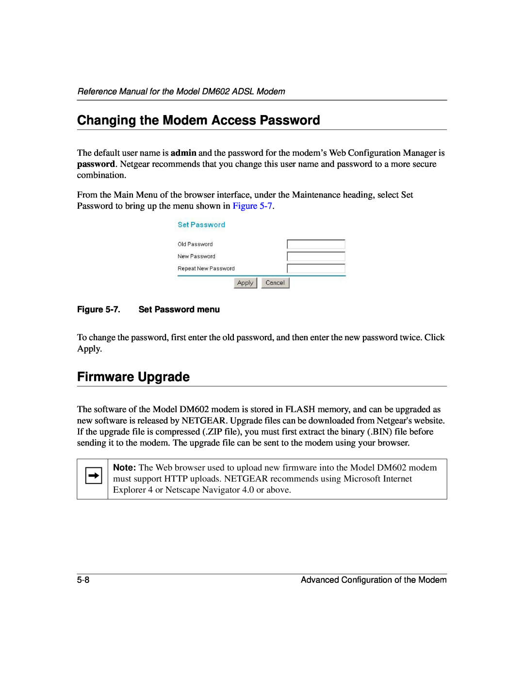 NETGEAR DM602 manual Changing the Modem Access Password, Firmware Upgrade, 7. Set Password menu 
