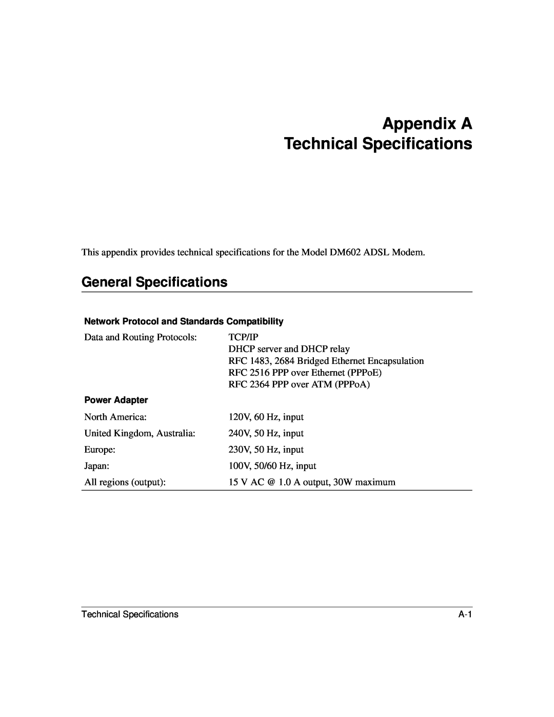 NETGEAR DM602 manual Appendix A Technical Specifications, General Specifications 