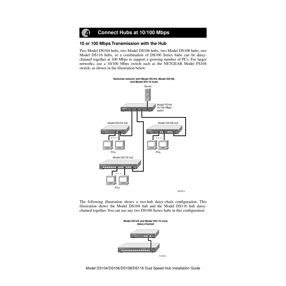 NETGEAR DS106, DS116, DS108, DS104 manual Connect Hubs at 10/100 Mbps, 10 or 100 Mbps Transmission with the Hub 