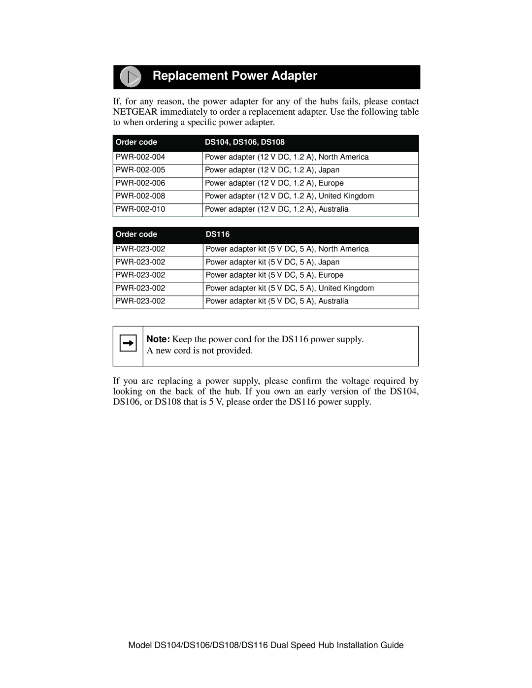 NETGEAR manual Replacement Power Adapter, Order code DS104, DS106, DS108, Order code DS116 